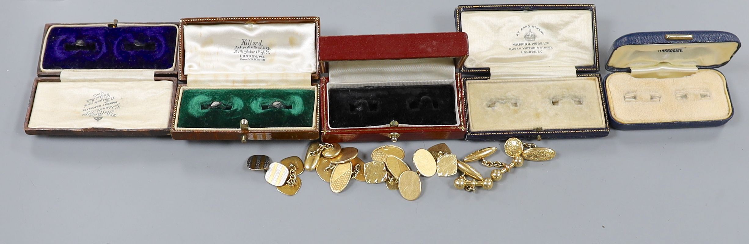 Six assorted pairs of 18ct cufflinks, including two colour 18ct and plat and Edwardian engraved torpedo shape, gross weight 47.3 grams and five assorted cufflink boxes.